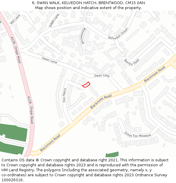 6, SWAN WALK, KELVEDON HATCH, BRENTWOOD, CM15 0AN: Location map and indicative extent of plot