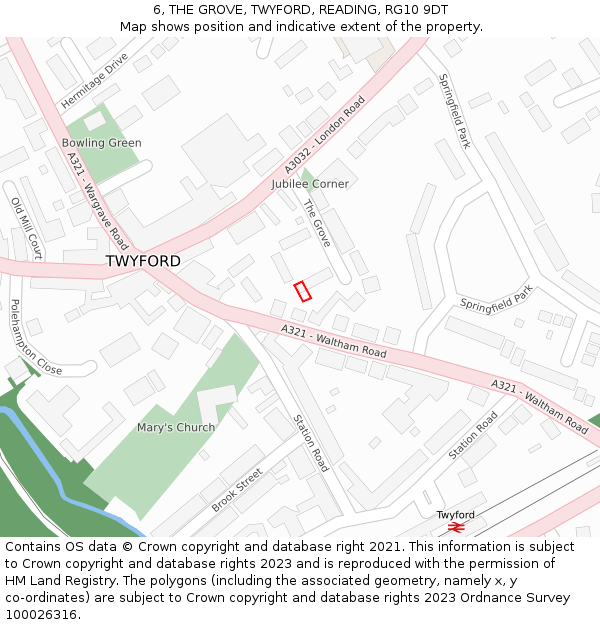 6, THE GROVE, TWYFORD, READING, RG10 9DT: Location map and indicative extent of plot