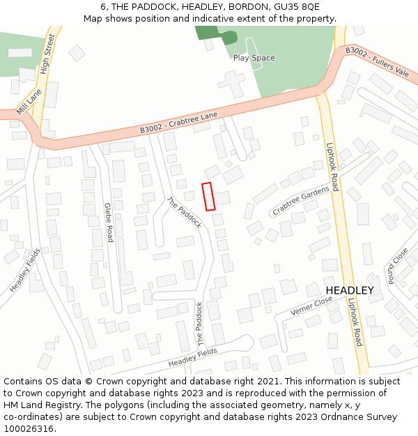 6, THE PADDOCK, HEADLEY, BORDON, GU35 8QE: Location map and indicative extent of plot