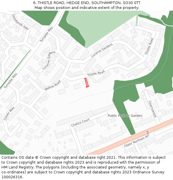 6, THISTLE ROAD, HEDGE END, SOUTHAMPTON, SO30 0TT: Location map and indicative extent of plot