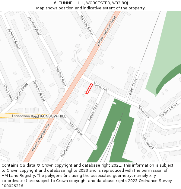 6, TUNNEL HILL, WORCESTER, WR3 8QJ: Location map and indicative extent of plot