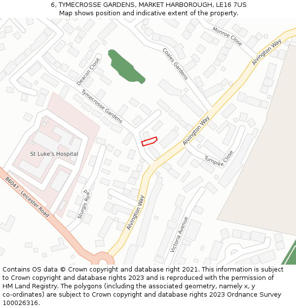 6, TYMECROSSE GARDENS, MARKET HARBOROUGH, LE16 7US: Location map and indicative extent of plot
