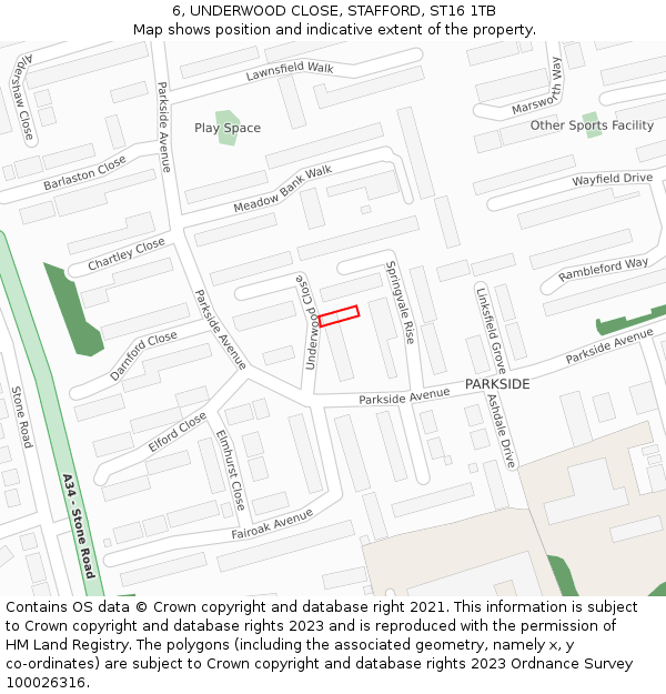6, UNDERWOOD CLOSE, STAFFORD, ST16 1TB: Location map and indicative extent of plot