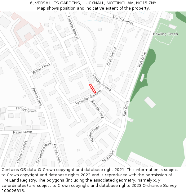 6, VERSAILLES GARDENS, HUCKNALL, NOTTINGHAM, NG15 7NY: Location map and indicative extent of plot