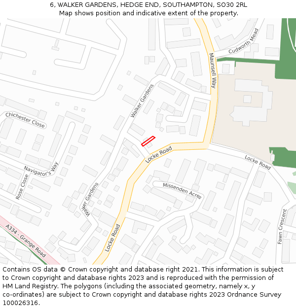 6, WALKER GARDENS, HEDGE END, SOUTHAMPTON, SO30 2RL: Location map and indicative extent of plot