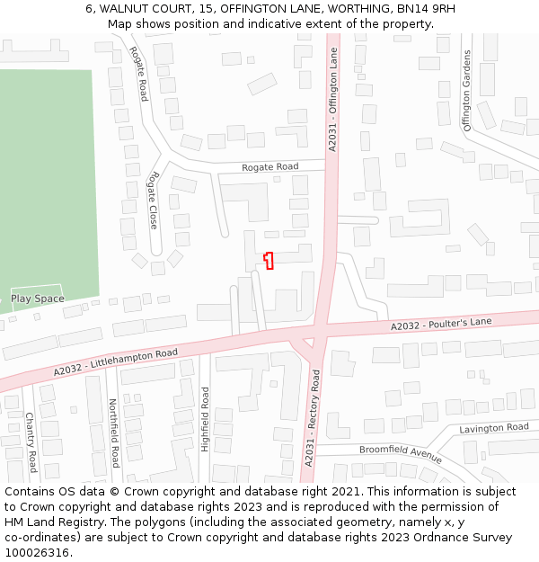 6, WALNUT COURT, 15, OFFINGTON LANE, WORTHING, BN14 9RH: Location map and indicative extent of plot