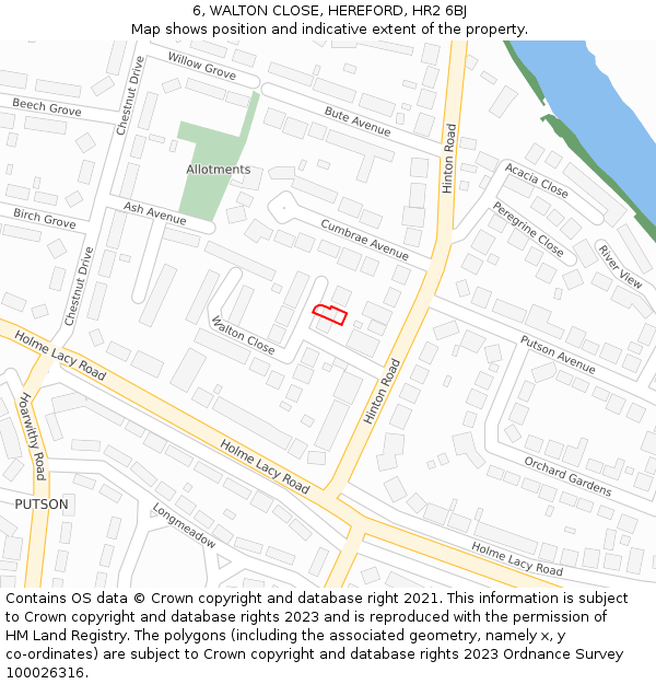 6, WALTON CLOSE, HEREFORD, HR2 6BJ: Location map and indicative extent of plot