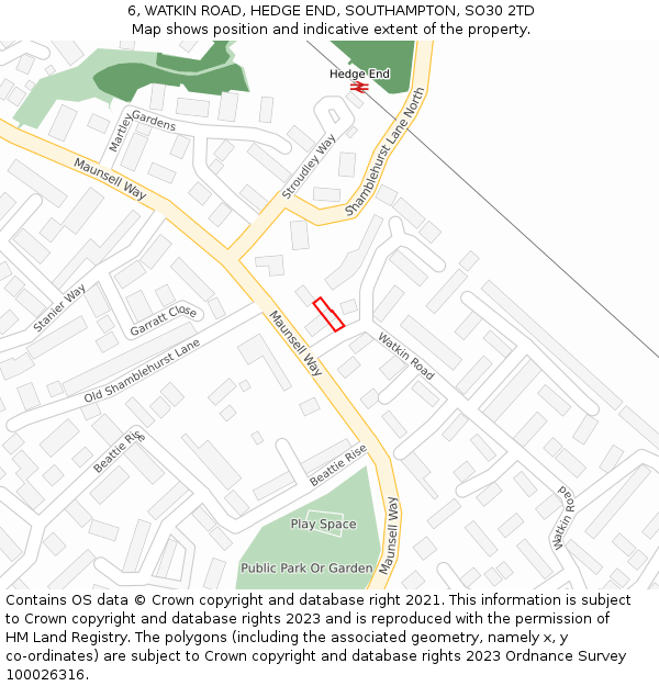 6, WATKIN ROAD, HEDGE END, SOUTHAMPTON, SO30 2TD: Location map and indicative extent of plot