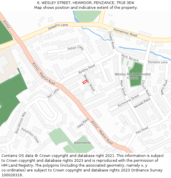 6, WESLEY STREET, HEAMOOR, PENZANCE, TR18 3EW: Location map and indicative extent of plot