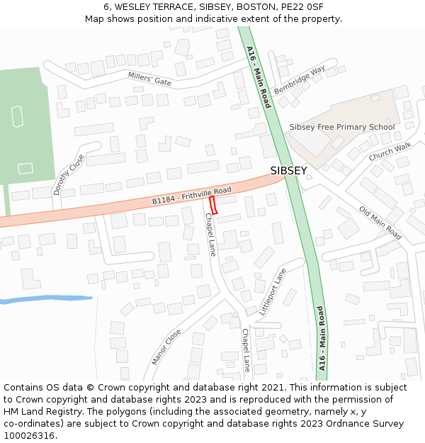 6, WESLEY TERRACE, SIBSEY, BOSTON, PE22 0SF: Location map and indicative extent of plot