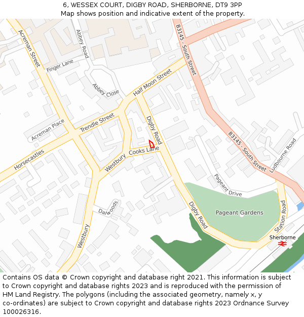 6, WESSEX COURT, DIGBY ROAD, SHERBORNE, DT9 3PP: Location map and indicative extent of plot