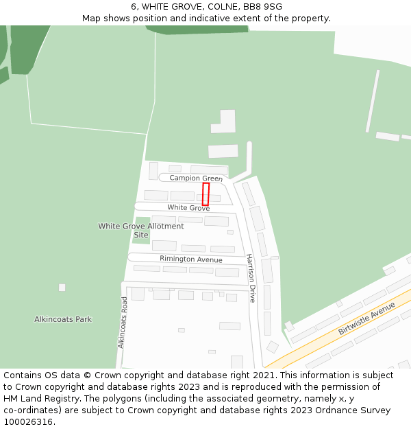 6, WHITE GROVE, COLNE, BB8 9SG: Location map and indicative extent of plot
