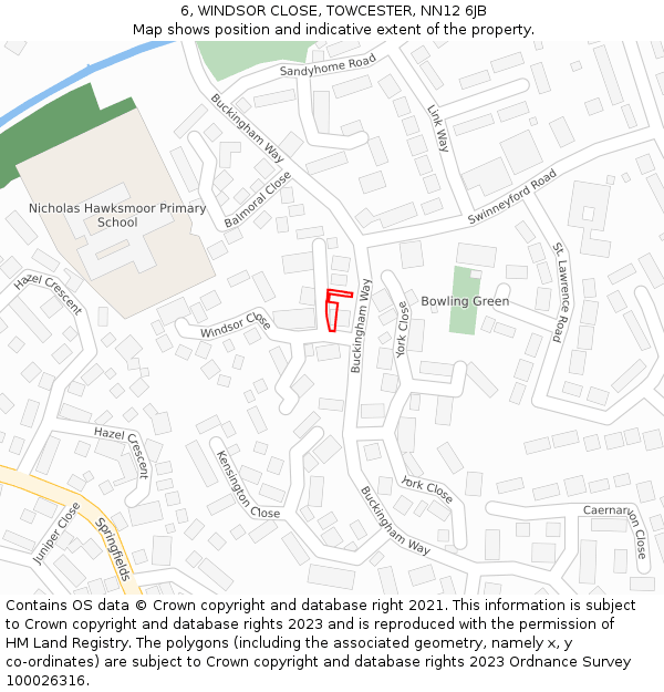 6, WINDSOR CLOSE, TOWCESTER, NN12 6JB: Location map and indicative extent of plot