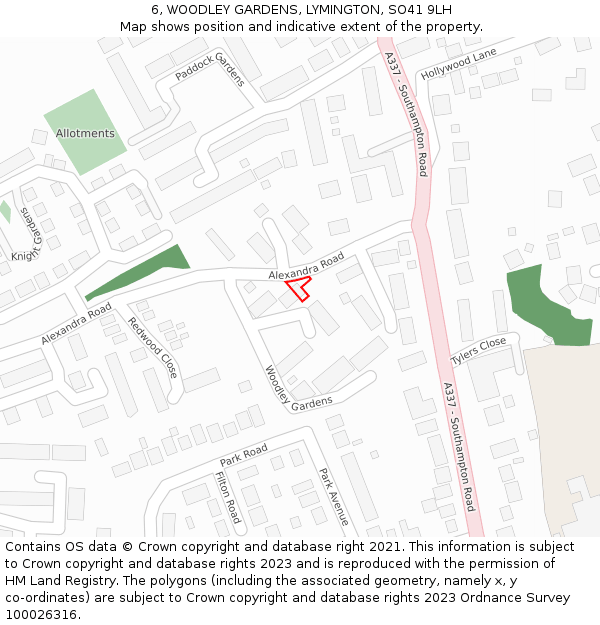 6, WOODLEY GARDENS, LYMINGTON, SO41 9LH: Location map and indicative extent of plot