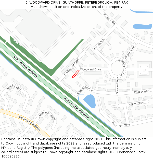 6, WOODWARD DRIVE, GUNTHORPE, PETERBOROUGH, PE4 7AX: Location map and indicative extent of plot