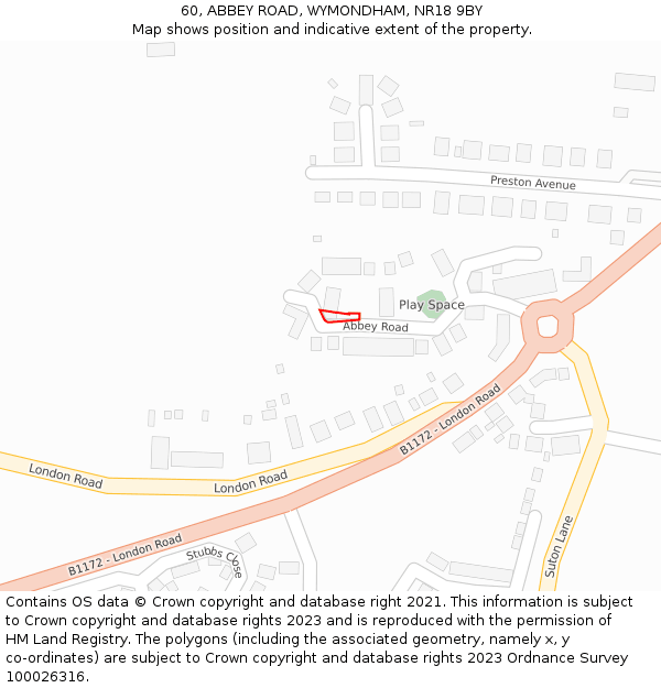 60, ABBEY ROAD, WYMONDHAM, NR18 9BY: Location map and indicative extent of plot