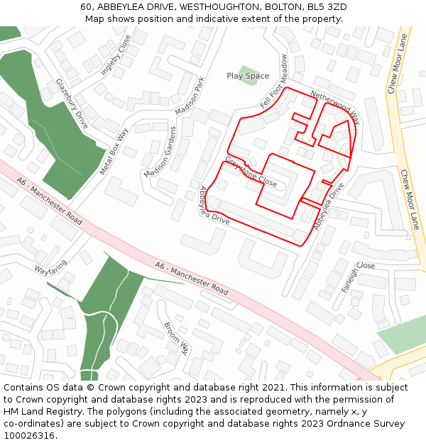 60, ABBEYLEA DRIVE, WESTHOUGHTON, BOLTON, BL5 3ZD: Location map and indicative extent of plot