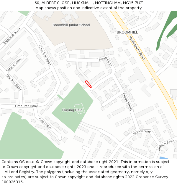 60, ALBERT CLOSE, HUCKNALL, NOTTINGHAM, NG15 7UZ: Location map and indicative extent of plot