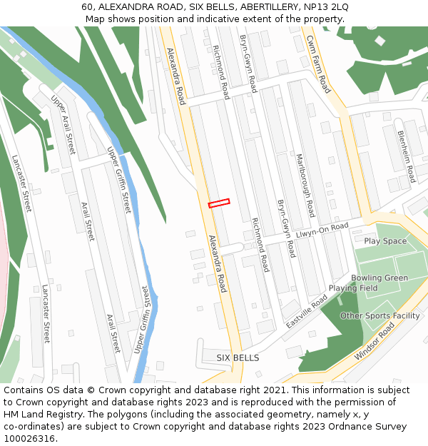 60, ALEXANDRA ROAD, SIX BELLS, ABERTILLERY, NP13 2LQ: Location map and indicative extent of plot