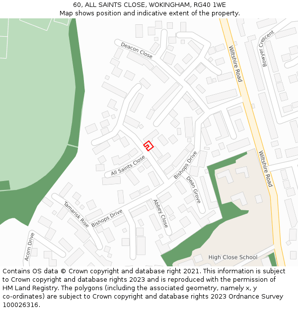 60, ALL SAINTS CLOSE, WOKINGHAM, RG40 1WE: Location map and indicative extent of plot