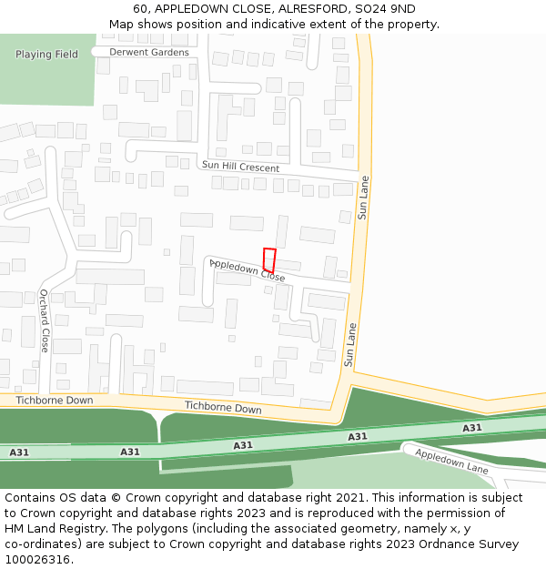 60, APPLEDOWN CLOSE, ALRESFORD, SO24 9ND: Location map and indicative extent of plot