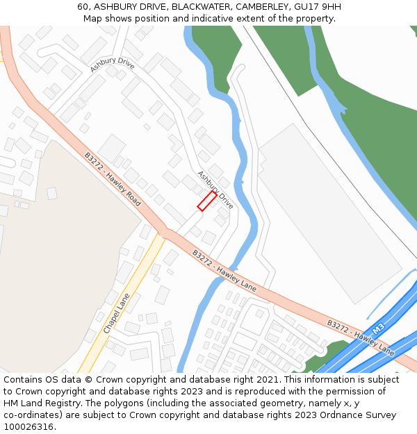 60, ASHBURY DRIVE, BLACKWATER, CAMBERLEY, GU17 9HH: Location map and indicative extent of plot