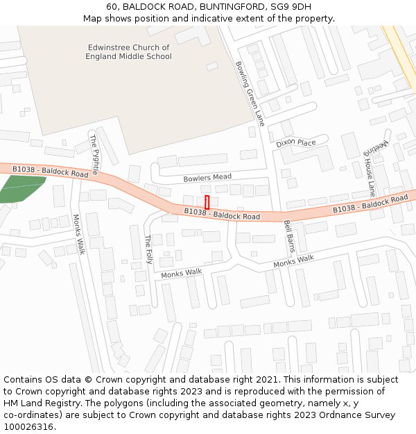60, BALDOCK ROAD, BUNTINGFORD, SG9 9DH: Location map and indicative extent of plot