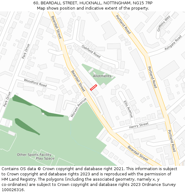 60, BEARDALL STREET, HUCKNALL, NOTTINGHAM, NG15 7RP: Location map and indicative extent of plot