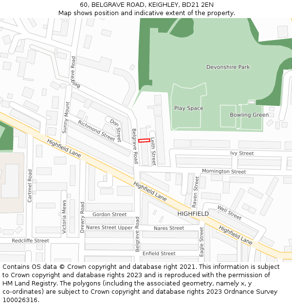 60, BELGRAVE ROAD, KEIGHLEY, BD21 2EN: Location map and indicative extent of plot