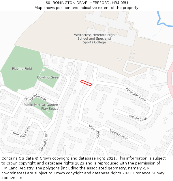 60, BONINGTON DRIVE, HEREFORD, HR4 0RU: Location map and indicative extent of plot