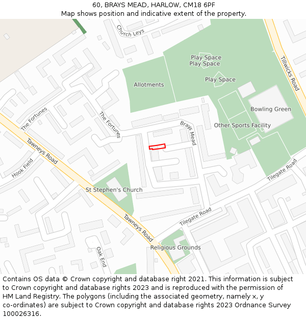 60, BRAYS MEAD, HARLOW, CM18 6PF: Location map and indicative extent of plot