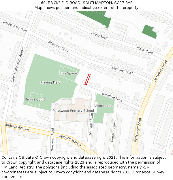 60, BRICKFIELD ROAD, SOUTHAMPTON, SO17 3AE: Location map and indicative extent of plot