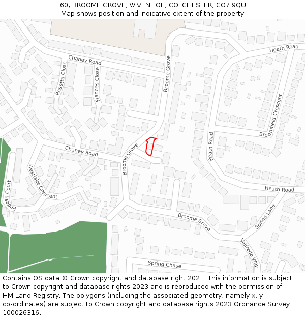 60, BROOME GROVE, WIVENHOE, COLCHESTER, CO7 9QU: Location map and indicative extent of plot