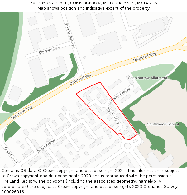 60, BRYONY PLACE, CONNIBURROW, MILTON KEYNES, MK14 7EA: Location map and indicative extent of plot
