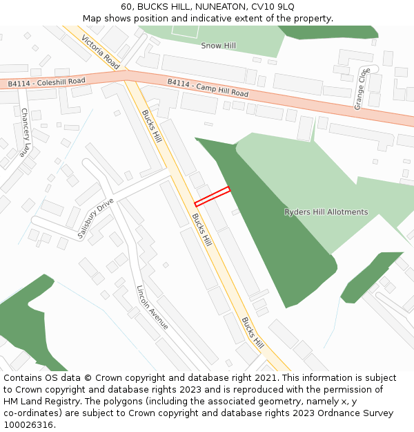 60, BUCKS HILL, NUNEATON, CV10 9LQ: Location map and indicative extent of plot