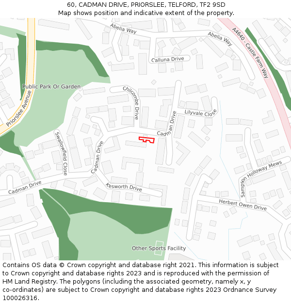 60, CADMAN DRIVE, PRIORSLEE, TELFORD, TF2 9SD: Location map and indicative extent of plot