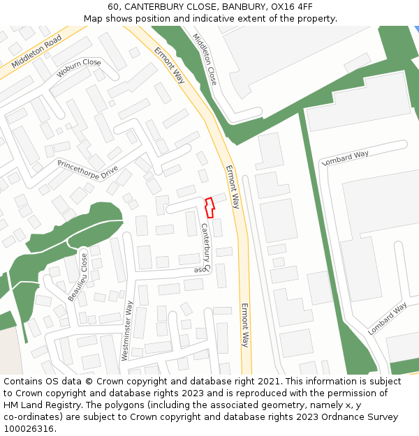 60, CANTERBURY CLOSE, BANBURY, OX16 4FF: Location map and indicative extent of plot