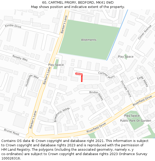 60, CARTMEL PRIORY, BEDFORD, MK41 0WD: Location map and indicative extent of plot