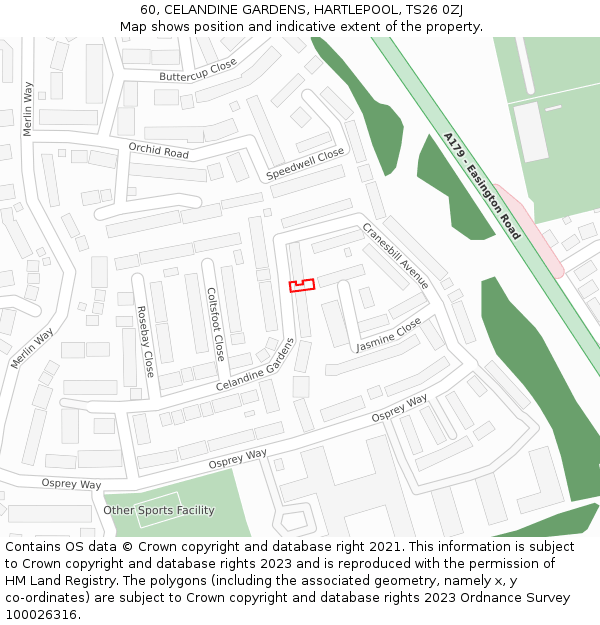 60, CELANDINE GARDENS, HARTLEPOOL, TS26 0ZJ: Location map and indicative extent of plot