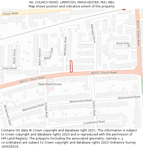60, CHURCH ROAD, URMSTON, MANCHESTER, M41 9BU: Location map and indicative extent of plot