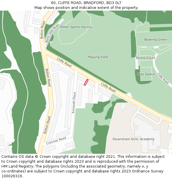 60, CLIFFE ROAD, BRADFORD, BD3 0LT: Location map and indicative extent of plot
