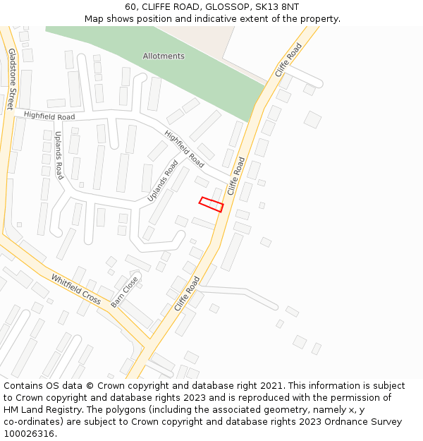 60, CLIFFE ROAD, GLOSSOP, SK13 8NT: Location map and indicative extent of plot