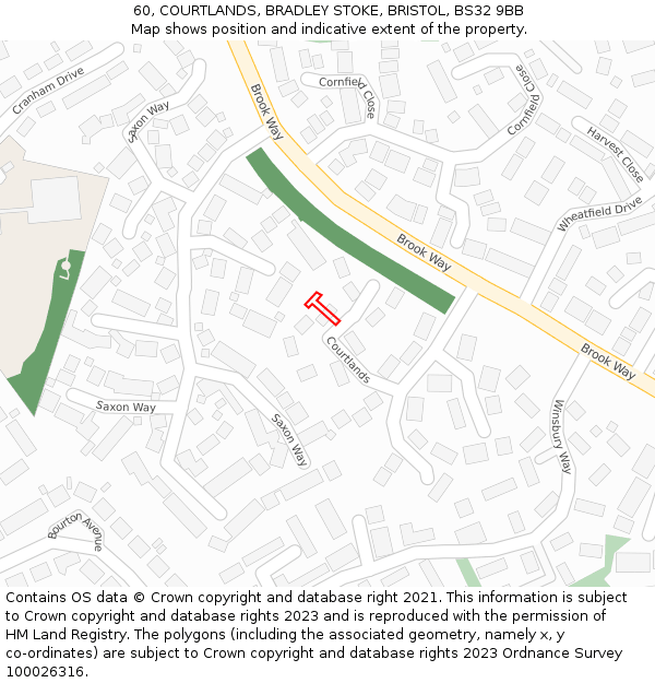 60, COURTLANDS, BRADLEY STOKE, BRISTOL, BS32 9BB: Location map and indicative extent of plot