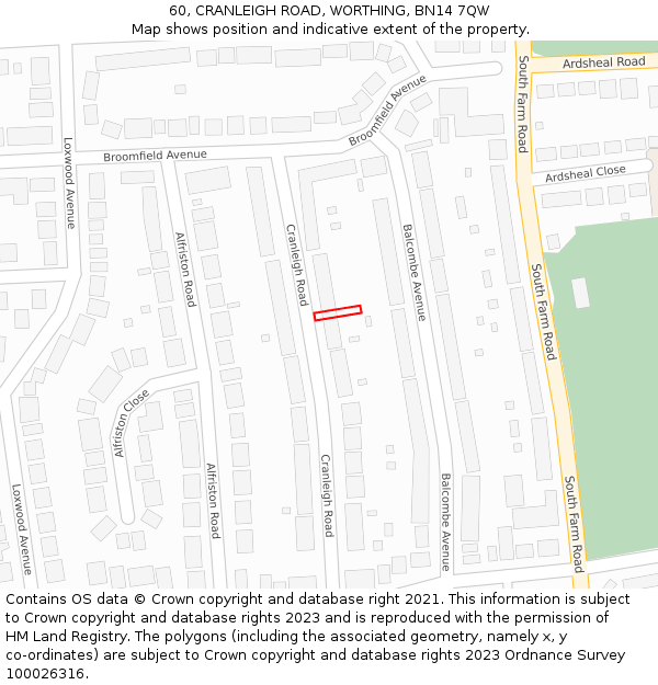 60, CRANLEIGH ROAD, WORTHING, BN14 7QW: Location map and indicative extent of plot