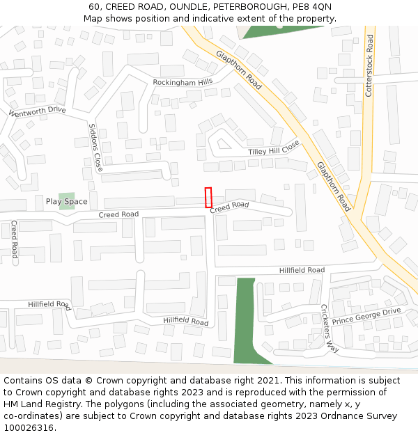 60, CREED ROAD, OUNDLE, PETERBOROUGH, PE8 4QN: Location map and indicative extent of plot