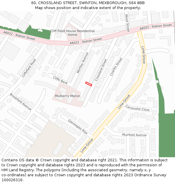 60, CROSSLAND STREET, SWINTON, MEXBOROUGH, S64 8BB: Location map and indicative extent of plot