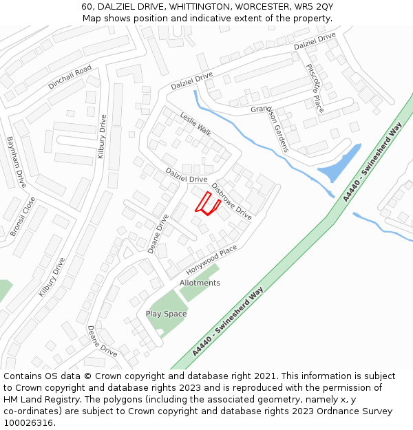 60, DALZIEL DRIVE, WHITTINGTON, WORCESTER, WR5 2QY: Location map and indicative extent of plot