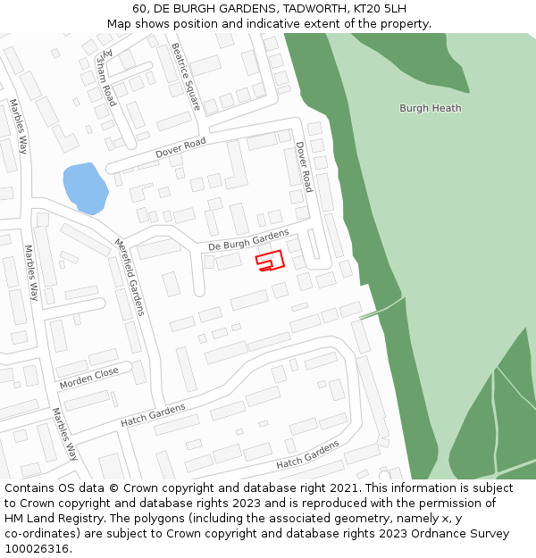 60, DE BURGH GARDENS, TADWORTH, KT20 5LH: Location map and indicative extent of plot