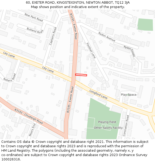 60, EXETER ROAD, KINGSTEIGNTON, NEWTON ABBOT, TQ12 3JA: Location map and indicative extent of plot
