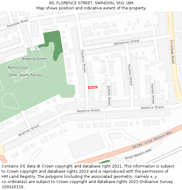 60, FLORENCE STREET, SWINDON, SN2 1BA: Location map and indicative extent of plot